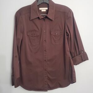 Old Navy Woman's Chocolate Brown Button-Up Shirt Roll Tab Sleeves Sz M Casual